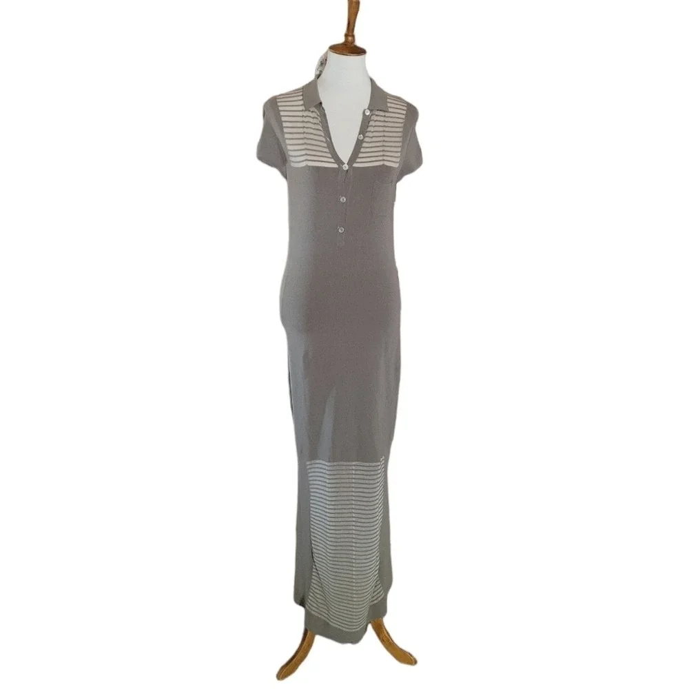 Vintage‎ 70's Gray and Cream Stripe Knit Maxi Dress